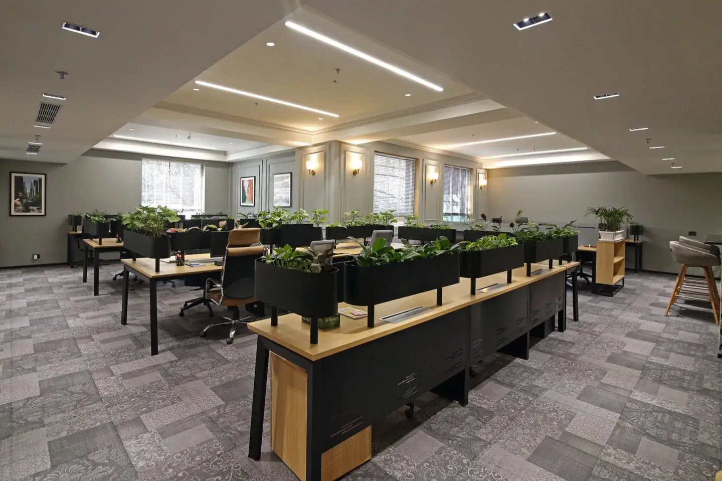 Wooden desks with tall planter dividers and chairs in a warm-lit open hall — AIHP managed office, Gurgaon